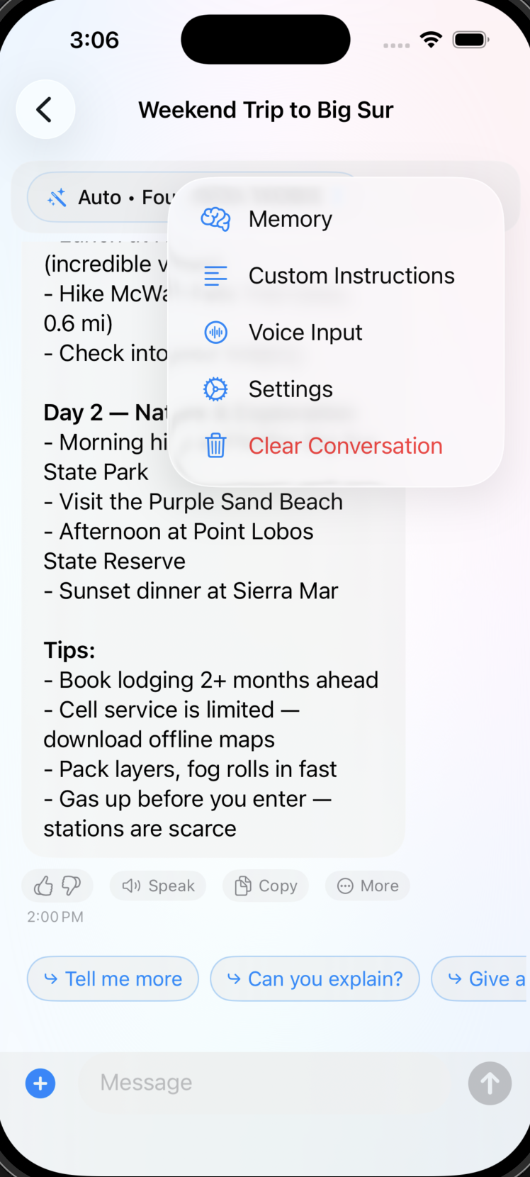 CoreChat — model picker listing MLX, Llama, and Mistral backends