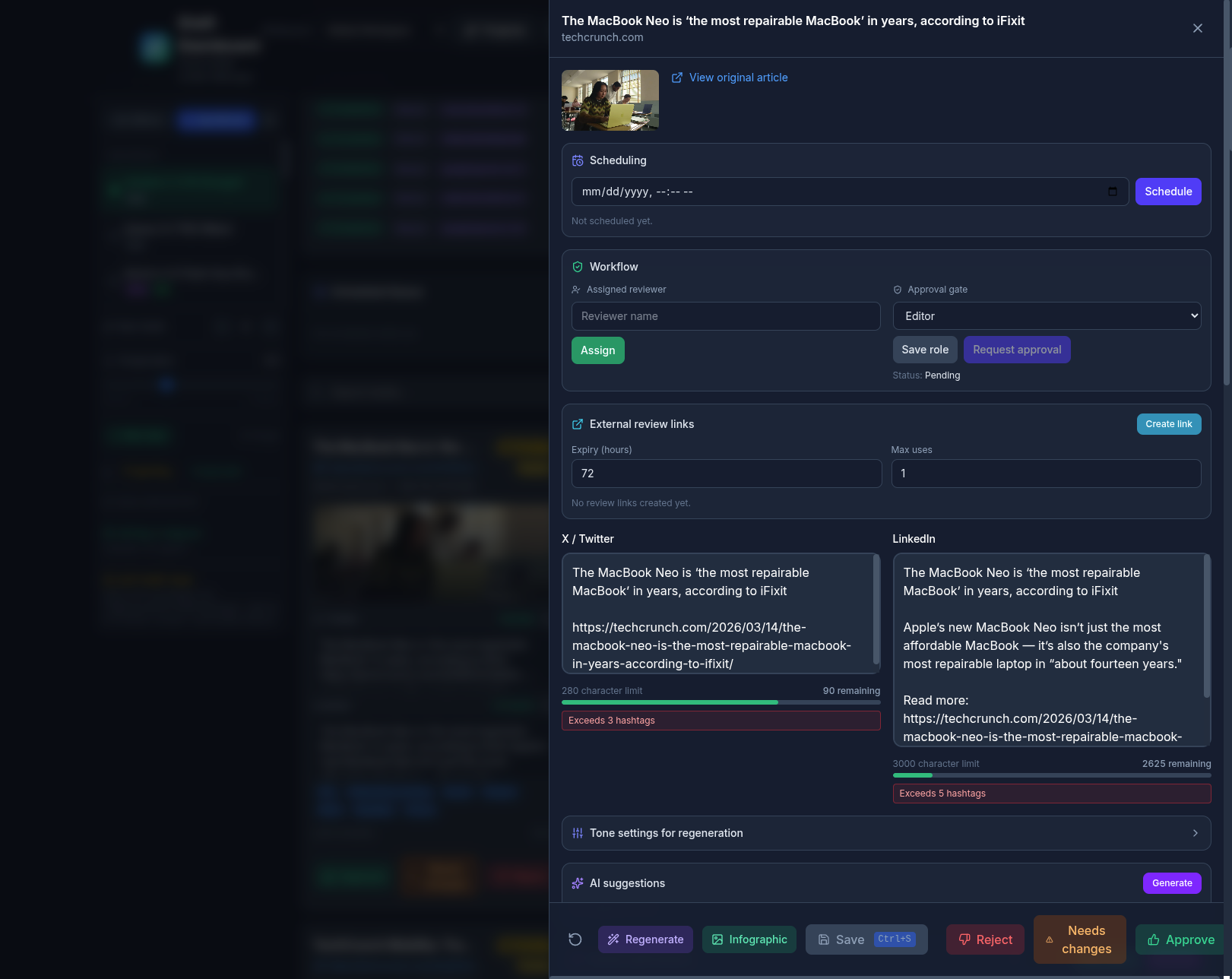 NewsRAG — draft post composer with platform-tailored variants