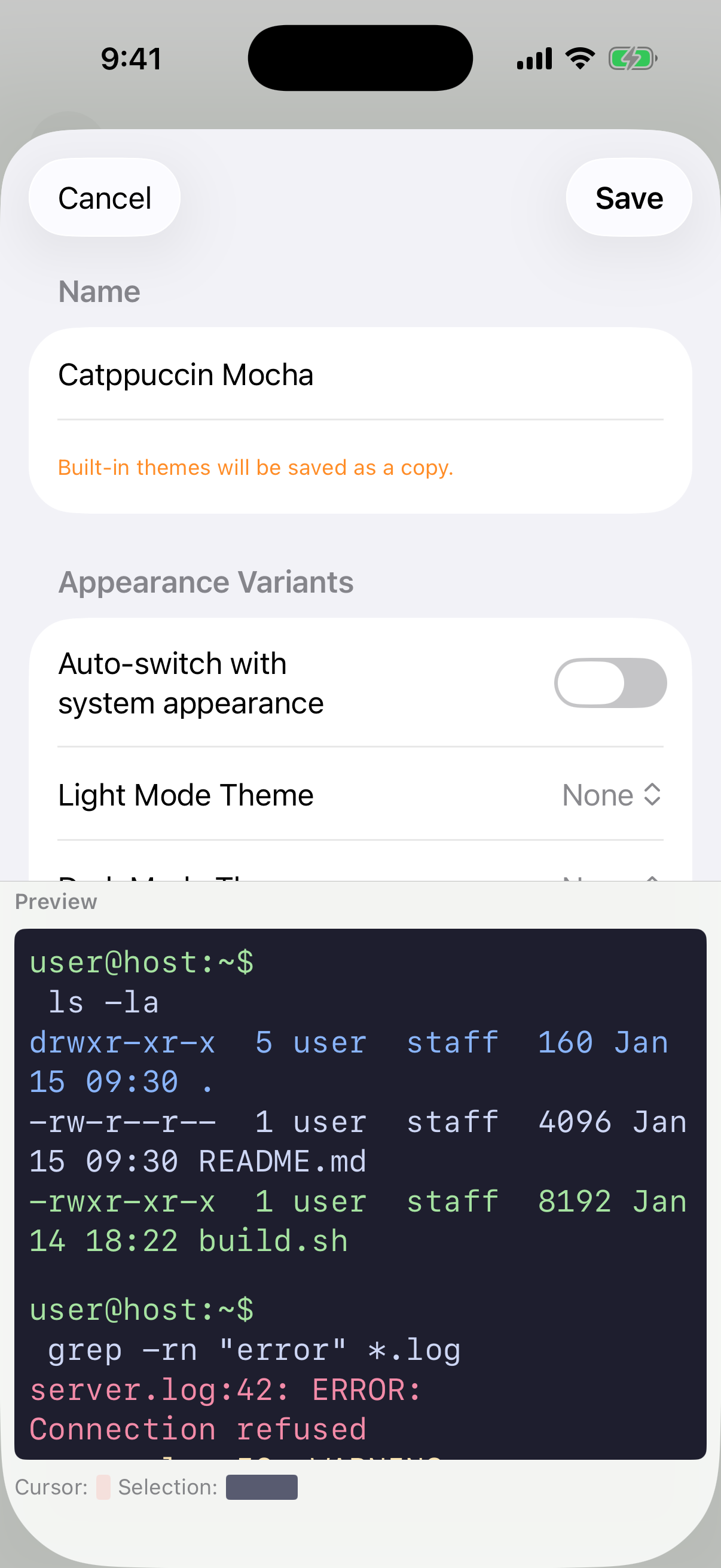 ShellForge — theme editor customizing a session palette