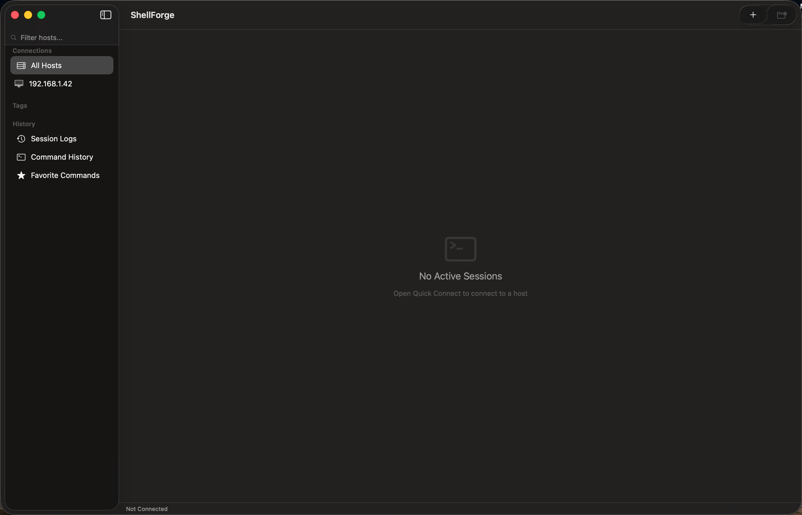 ShellForge — All Hosts sidebar and session history